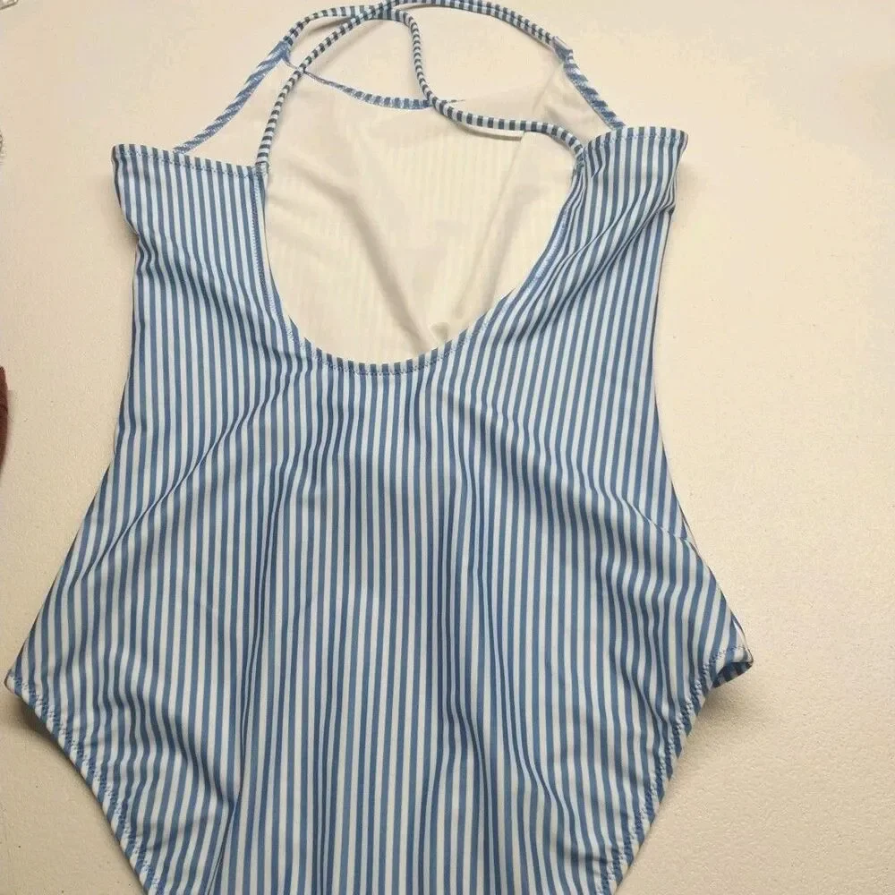H&M Girls One Piece Swimsuit Blue White Striped NWT Size 16/18 12-14Y Nautical